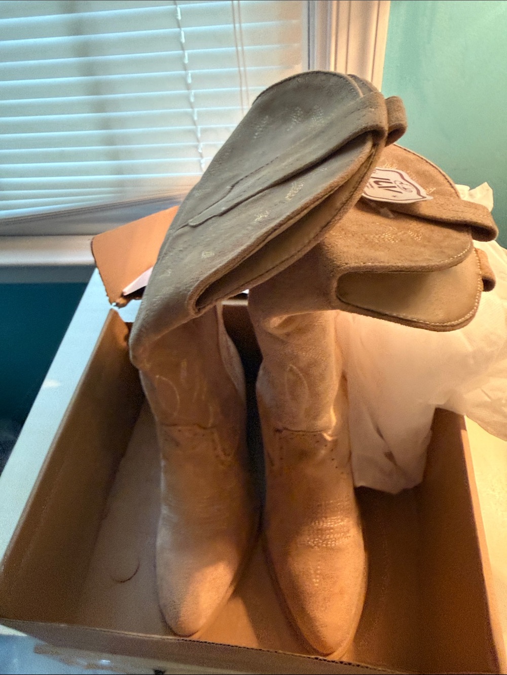 Fold-Over Suede Heeled Cowboy Boots in Tan Faux-Suede
